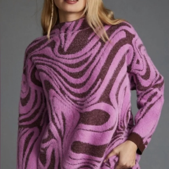 Anthropologie Sweater Skirt Set Fuzzy Mod Print Rib Trim Waist Pink Wine M